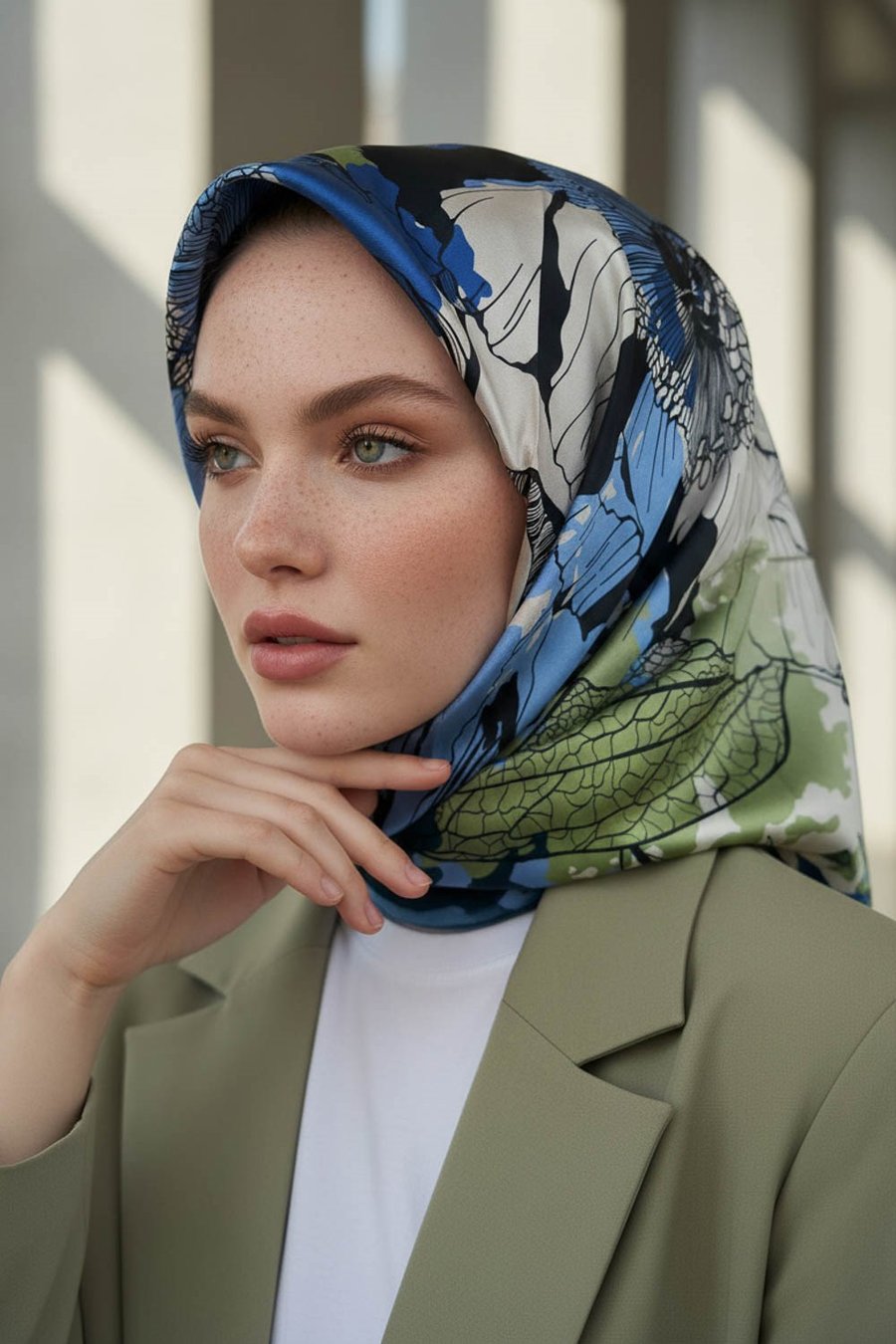 %100 Twill İpek Yaprak Desenli Lacivert - Haki Renkli 90x90 Eşarp Dikim Şekli : El Dikişi