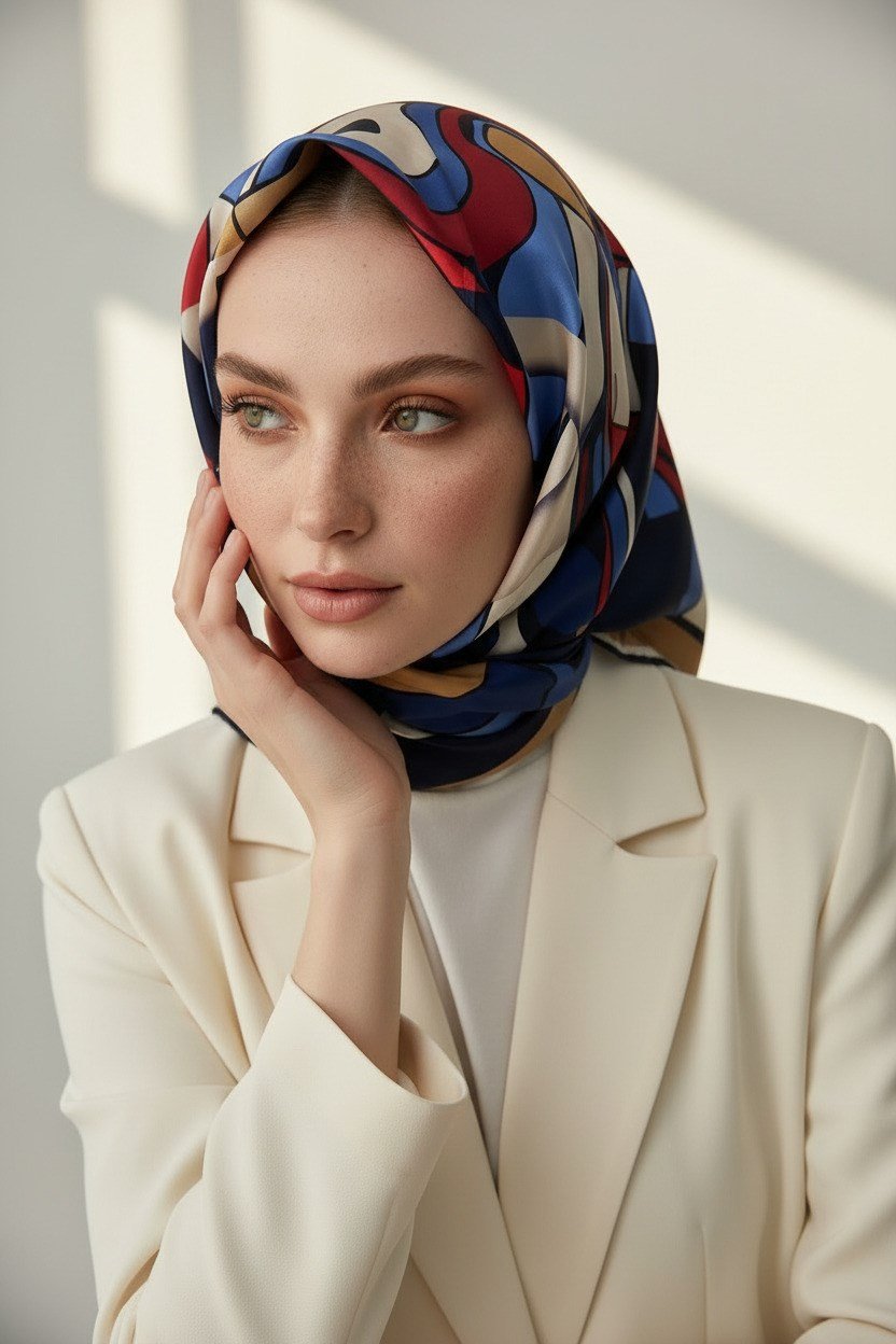 % 57 İPEK % 43 VİSKON Twill İpek Geometrik Desenli Lacivert - Bordo Renkli 90x90 Dikim Şekli : El Dikişi Eşarp