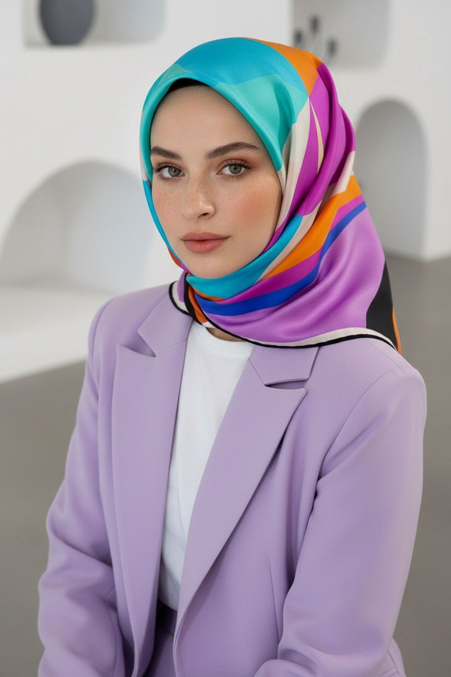 %100 Twill İpek Geometrik Desenli Fuşya - Turuncu Renkli 90x90 Eşarp Dikim Şekli : El Dikişi