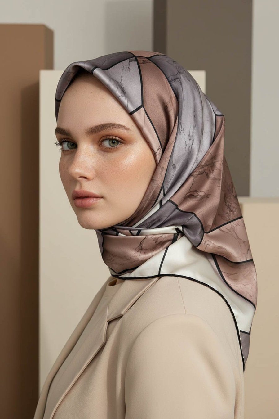 Rayon Mermer Desenli Gri - Bej Renkli 90x90 Eşarp (İpek İçermez) Kenar Dikiş Şekli El Dikişli