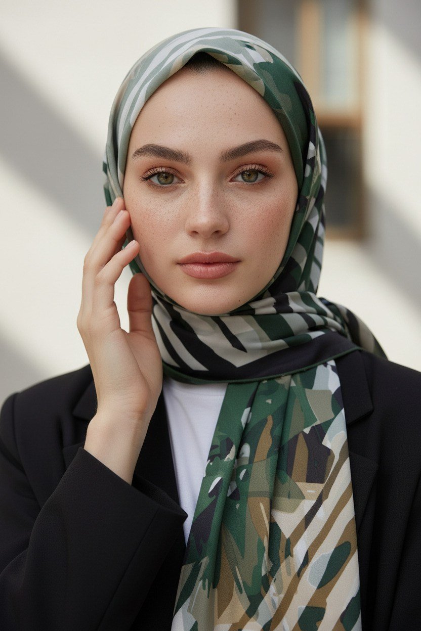 KREP ZEBRA VE ÇİÇEK DESENLİ ZÜMRÜT YEŞİLİ RENKLİ 75X195 KIRIŞMAZ ŞAL