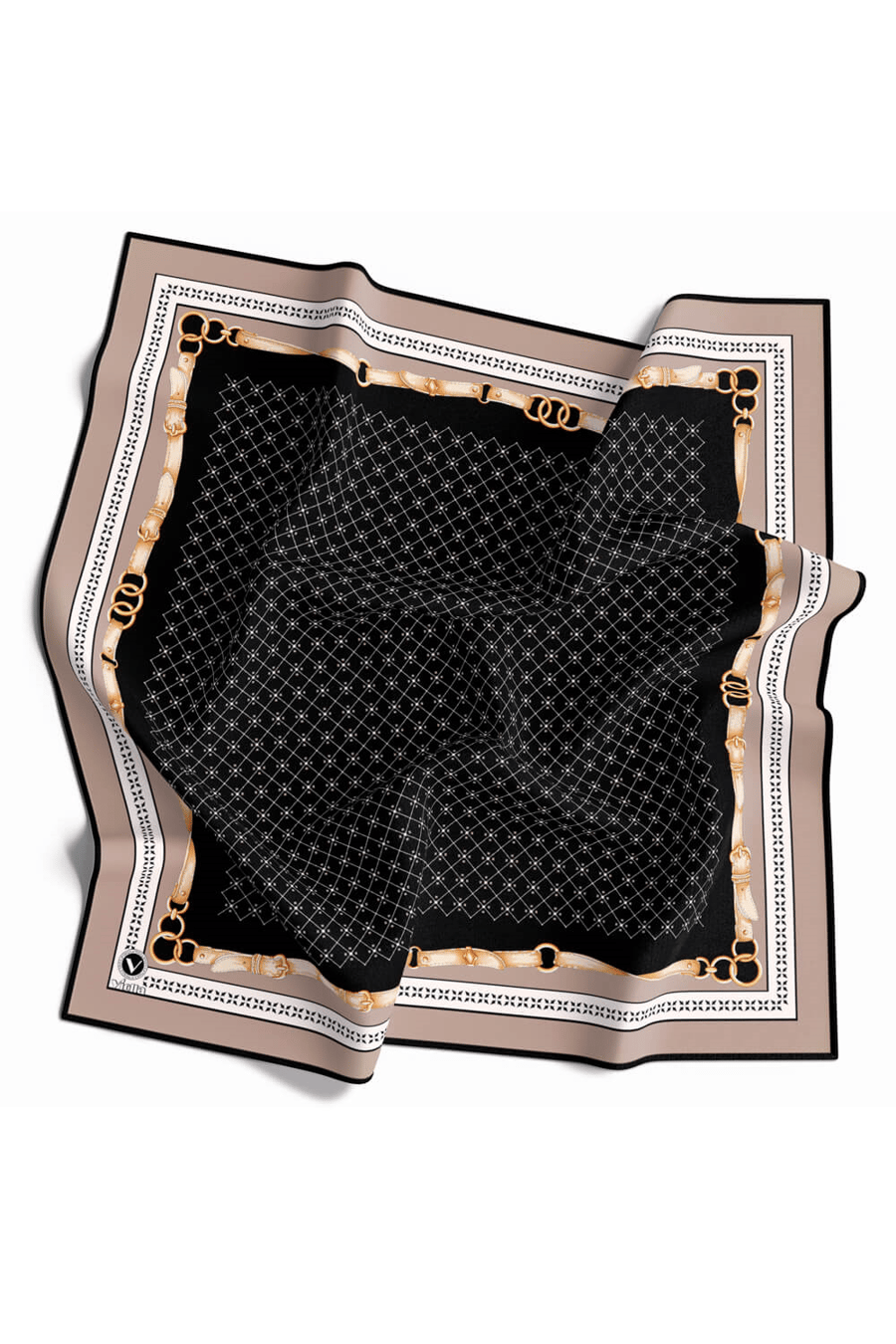 Twill Kemerli ve Çıtır Motifli Desenli Bej Renkli 90x90 Eşarp (İpek İçermez) Dikim Şekli : El Dikişi