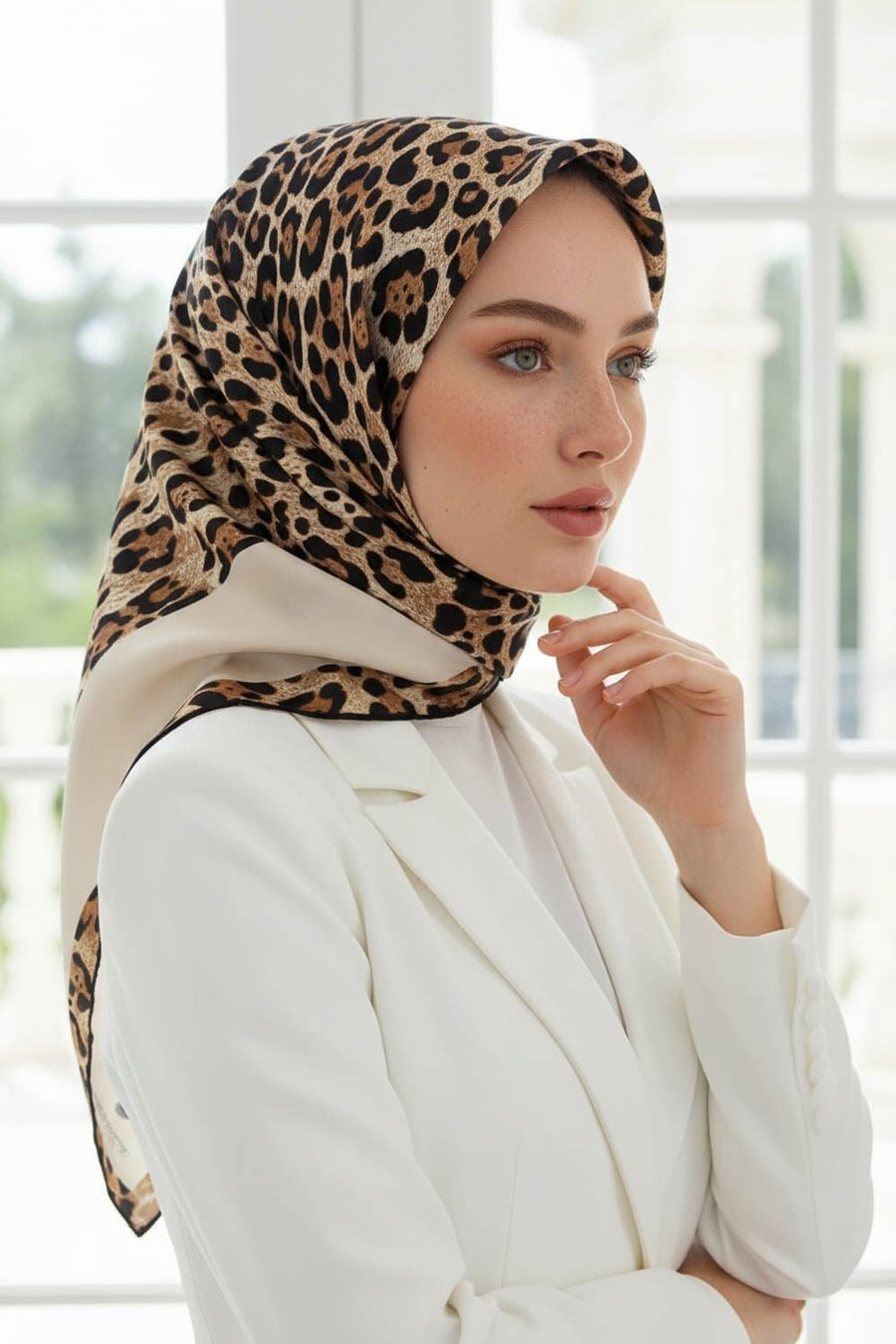 %100 Twill İpek Leopar Desenli Krem Renkli 90x90 Eşarp Dikim Şekli : El Dikişi