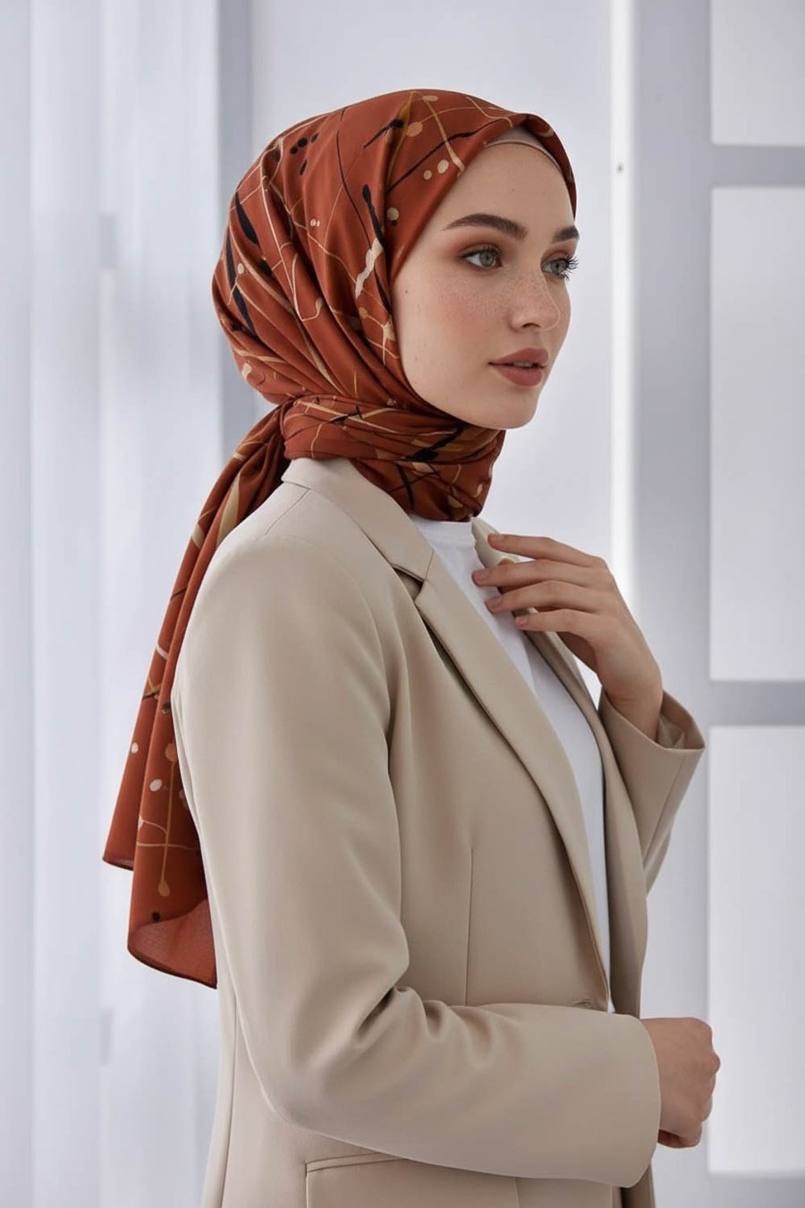 KREP BOYA DAMLASI DESENLİ TABA RENKLİ 75X195 KIRIŞMAZ ŞAL