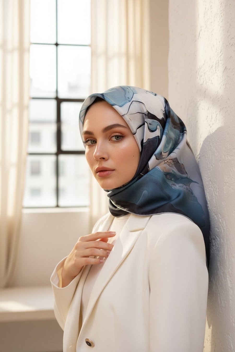 %100 Twill İpek Batik Çiçek Desenli Turkuaz - Gri Renkli 90x90 Eşarp Dikim Şekli : El Dikişi