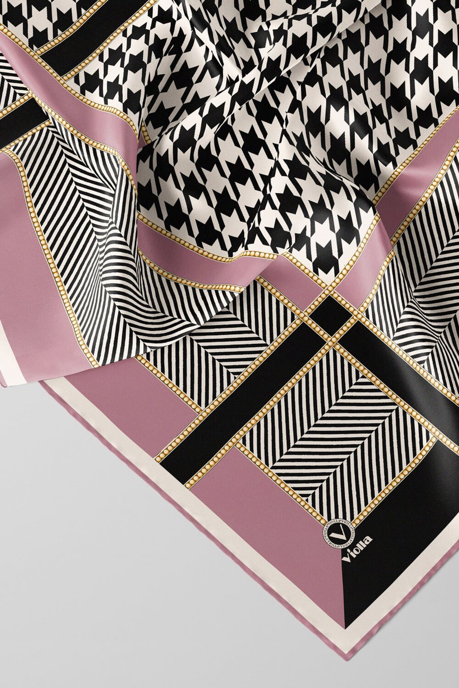 Twill Kazayağı Desenli Pembe Renkli 90x90 Eşarp (İpek İçermez) Kenar Dikiş Şekli El Dikişli