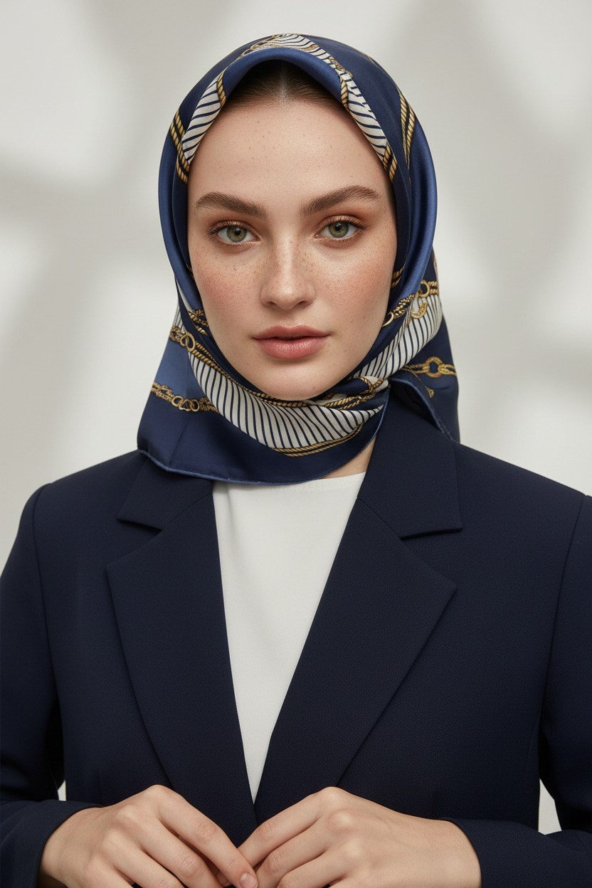 % 57 İPEK % 43 VİSKON Twill İpek Zincir Detaylı Geometrik Desenli Lacivert - İndigo Renkli 90x90 Eşarp Dikim Şekli : El Dikişi