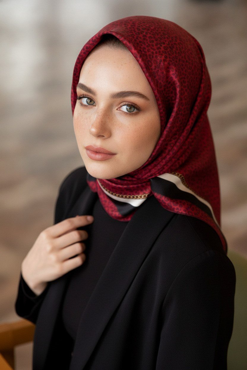 %100 Twill İpek Leopar Desenli Bordo Renkli 90x90 Eşarp Dikim Şekli : El Dikişi