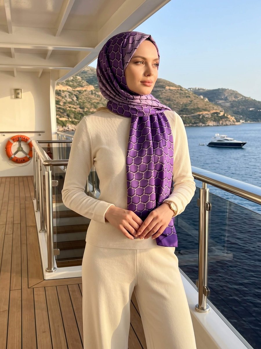 %100 Saf İpek Şal İnce Saten Vual Dokuma Petek Desenli Mor - Lila Renkli 90x210 Şal