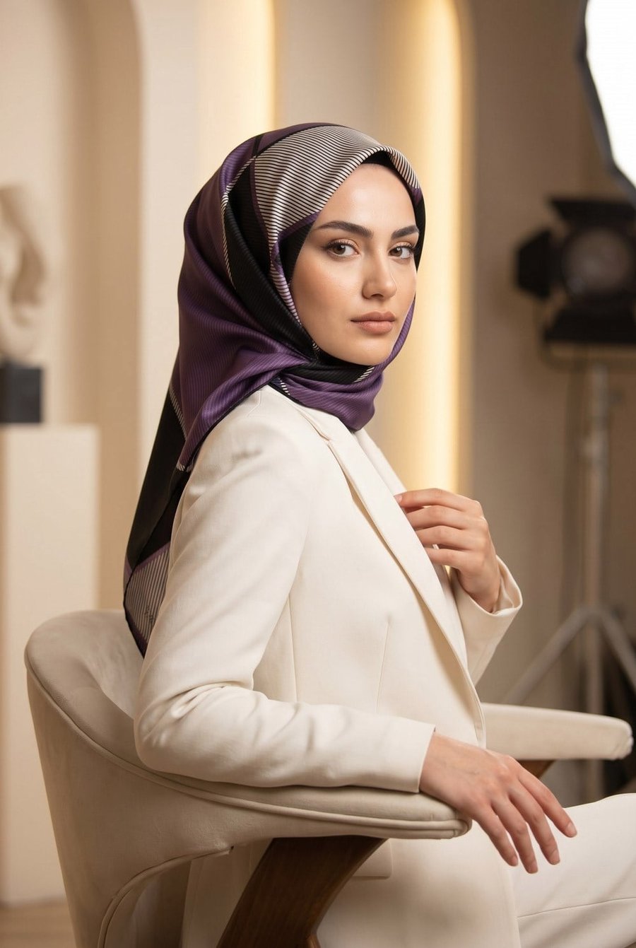 %100 Twill İpek Geometrik Desenli Lila Renkli 90x90 Eşarp Dikim Şekli : El Dikişi