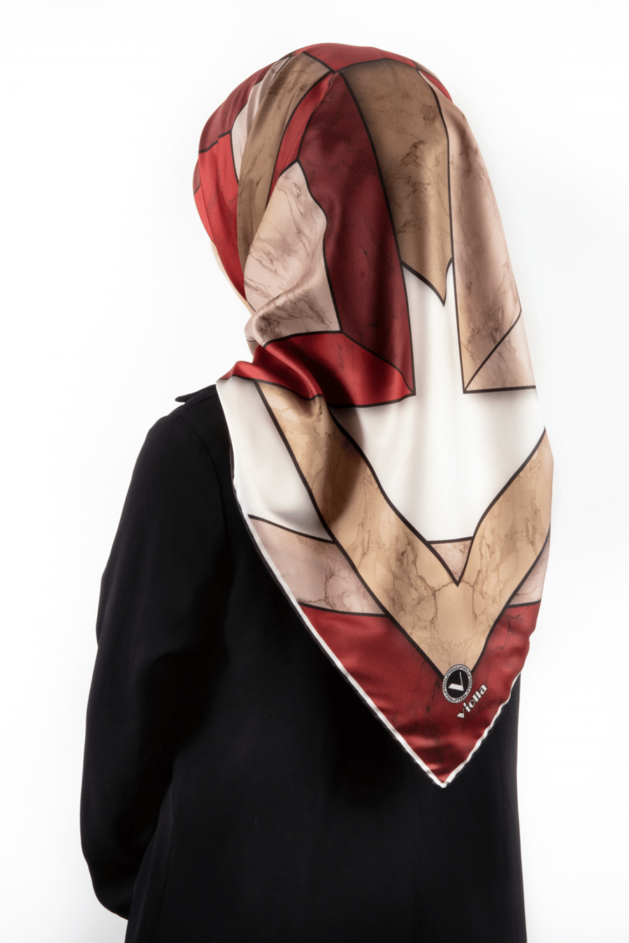 Twill Mermer Desenli Bordo - Bej Renkli 90x90 Eşarp (İpek İçermez) Kenar Dikiş Şekli El Dikişli