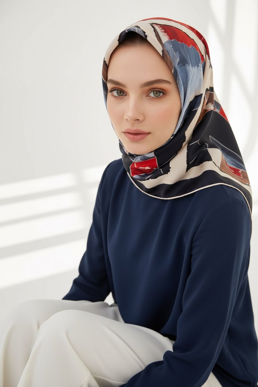 %100 Twill İpek Geometrik Desenli Lacivert - Kırmızı Renkli 90x90 Eşarp Dikim Şekli : El Dikişi
