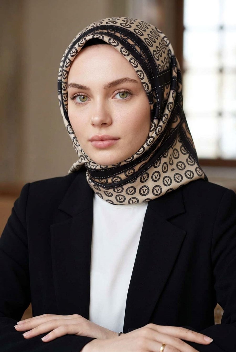 %100 Twill İpek Monogram ve Şerit Desenli Krem - Siyah Renkli 90x90 Eşarp Dikim Şekli : El Dikişi