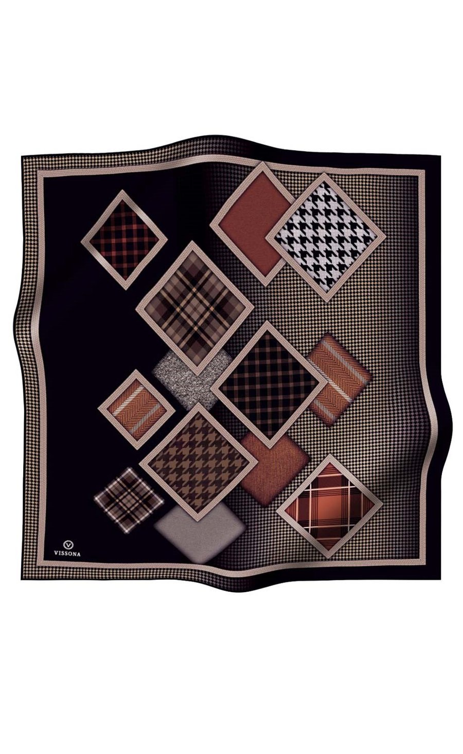 %100 Twill İpek Kazakayaklı Ve Ekose Desenli Siyah - Taba Renkli 90x90 Eşarp Dikim Şekli : El Dikişi
