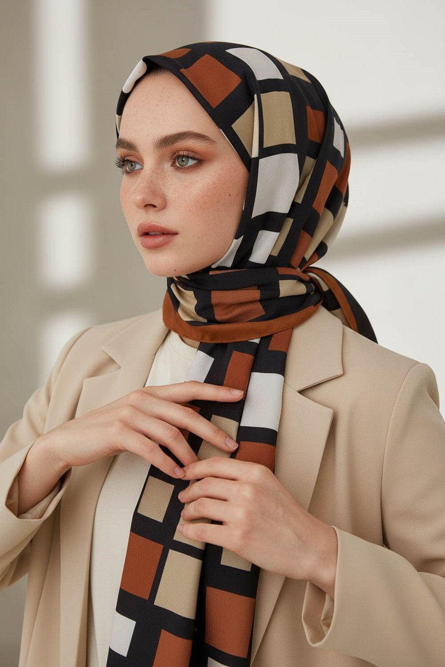 KREP KARE DESENLİ TABA RENKLİ 75X195 KIRIŞMAZ ŞAL