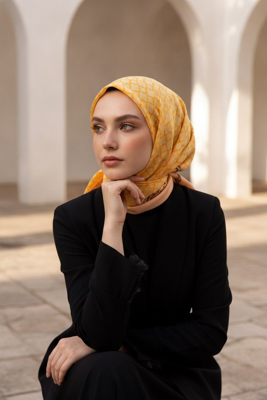 %100 Saf İpek Şal İnce Saten Vual Dokuma Dokuma Çiçek Desenli Limon Sarısı - Somon Renkli 90x210 Şal