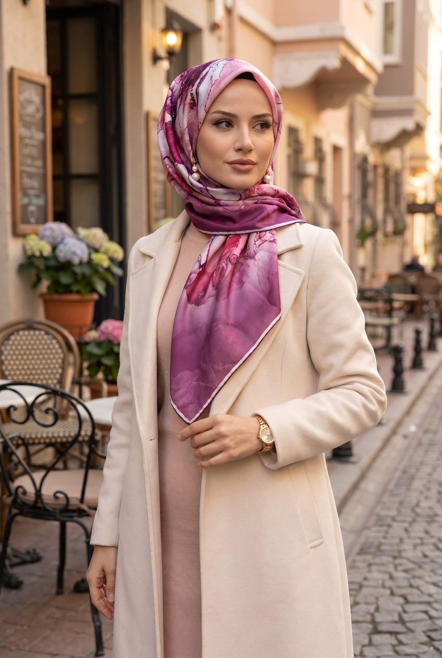 %100 Twill İpek Duman Desenli Pembe Renkli 90x90 Eşarp Dikim Şekli : El Dikişi