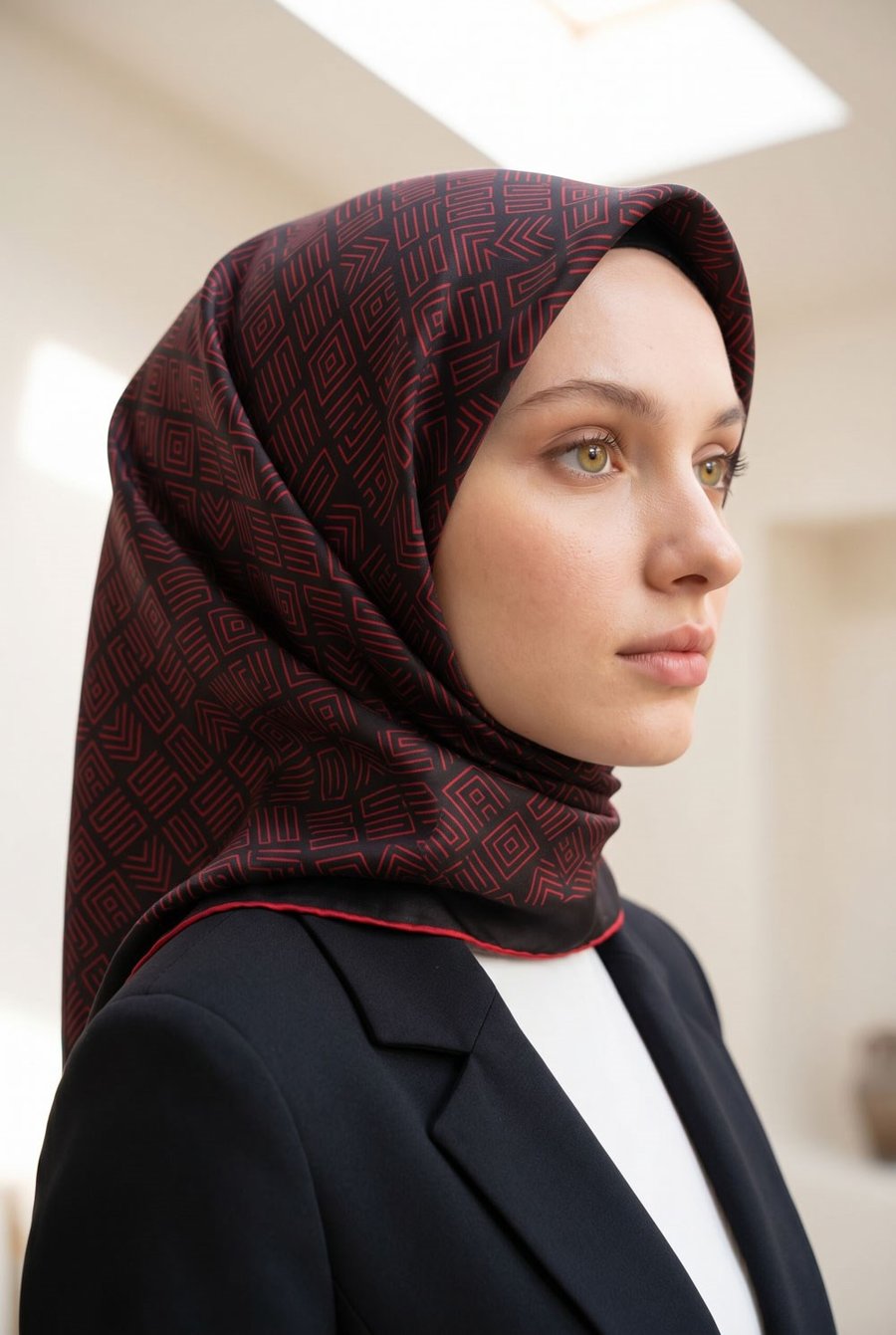 %57 İPEK %43 VİSKON Twill İpek Etnik Motif Desenli Siyah - Kırmızı Renkli 90x90 Eşarp Dikim Şekli : El Dikişi