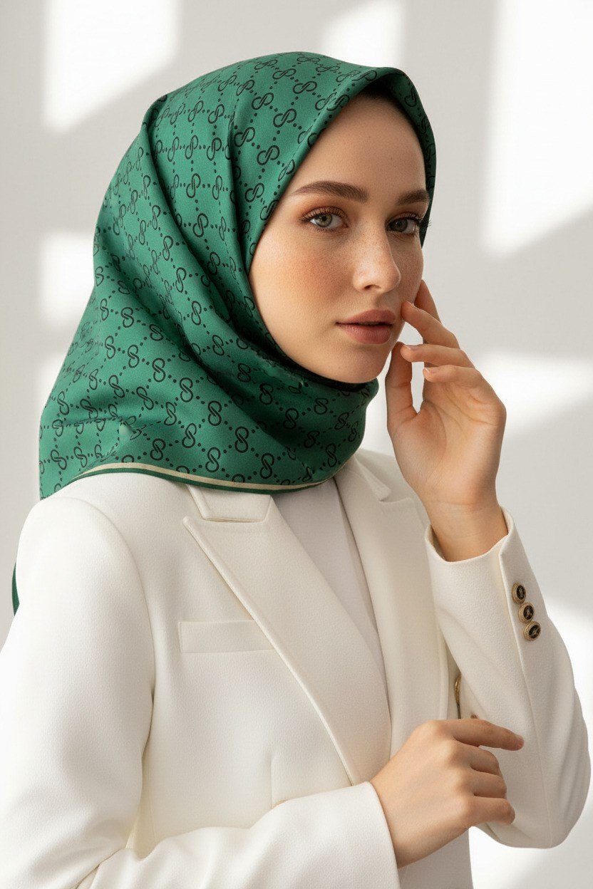 %100 Twill İpek Geometrik Desenli Zümrüt Yeşili Renkli 90x90 Eşarp Dikim Şekli : El Dikişi