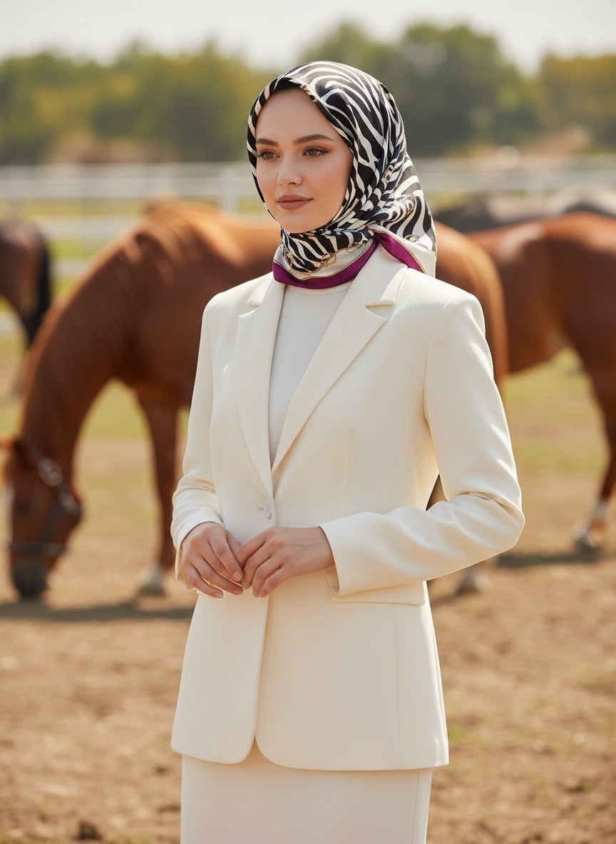 %100 Twill İpek Zincirli Ve Zebra Desenli Mürdüm - Bej Renkli 90x90 Eşarp Dikim Şekli : El Dikişi