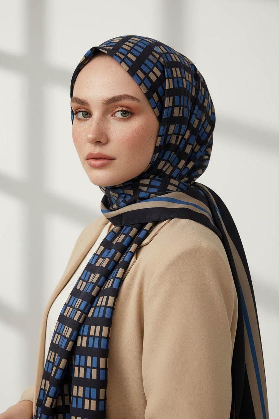 KREP KARE DESENLİ İNDİGO RENKLİ 75X195 KIRIŞMAZ ŞAL