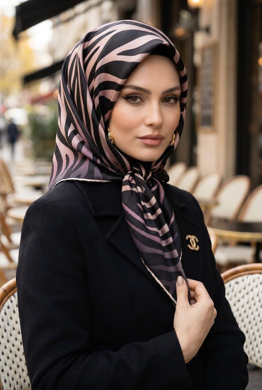 %100 Twill İpek Zebra Desenli Pudra - Siyah Renkli 90x90 Eşarp Dikim Şekli : El Dikişi