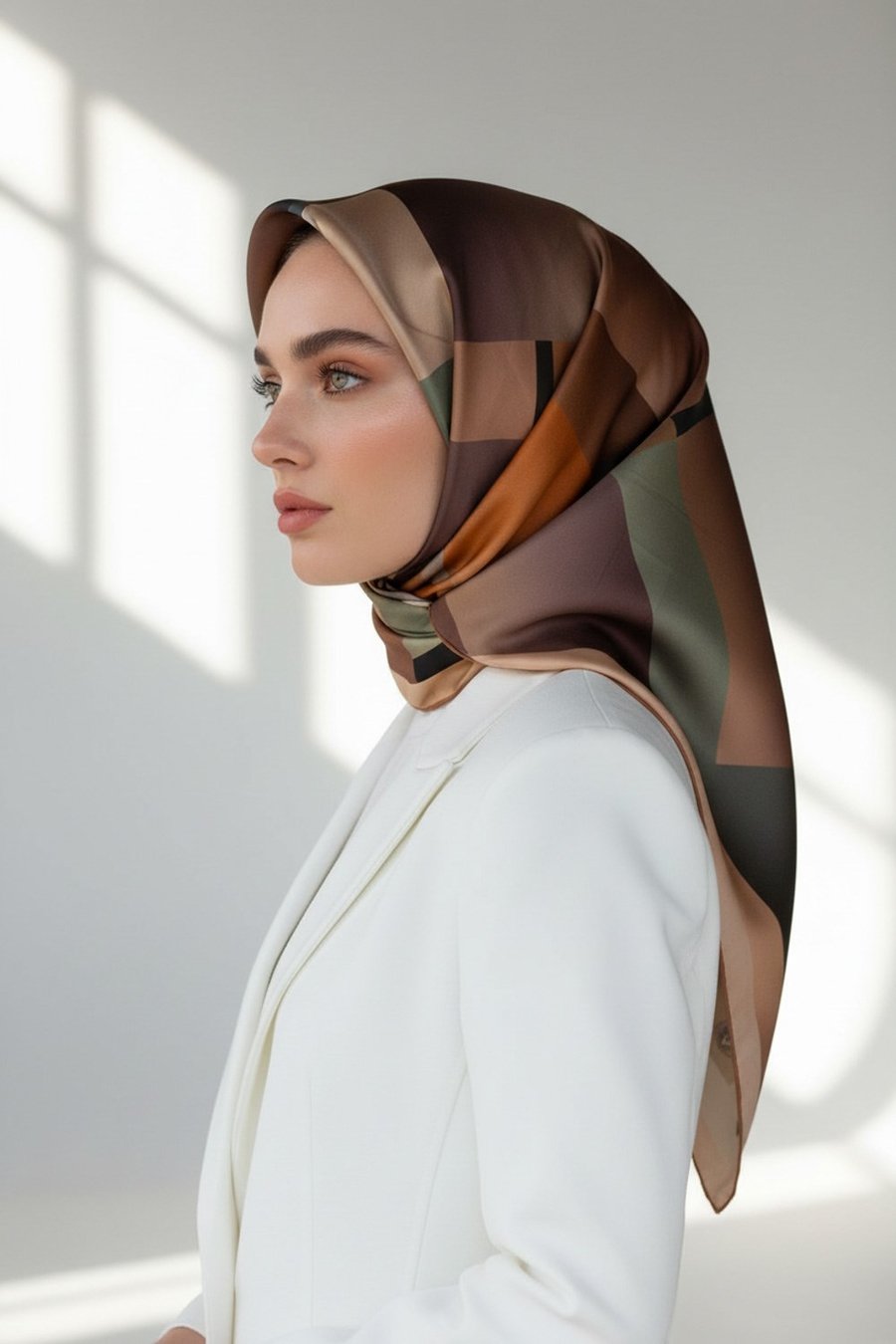 %100 Twill İpek Geometrik Desenli Bej - Haki Renkli 90x90 Eşarp Dikim Şekli : El Dikişi