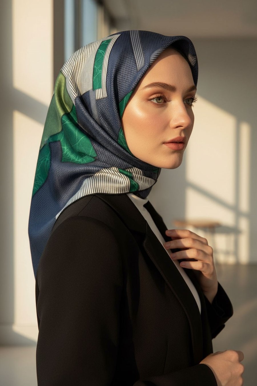 %100 Twill İpek Geometrik Desenli Siyah - Zümrüt Yeşili Renkli 90x90 Eşarp Dikim Şekli : El Dikişi
