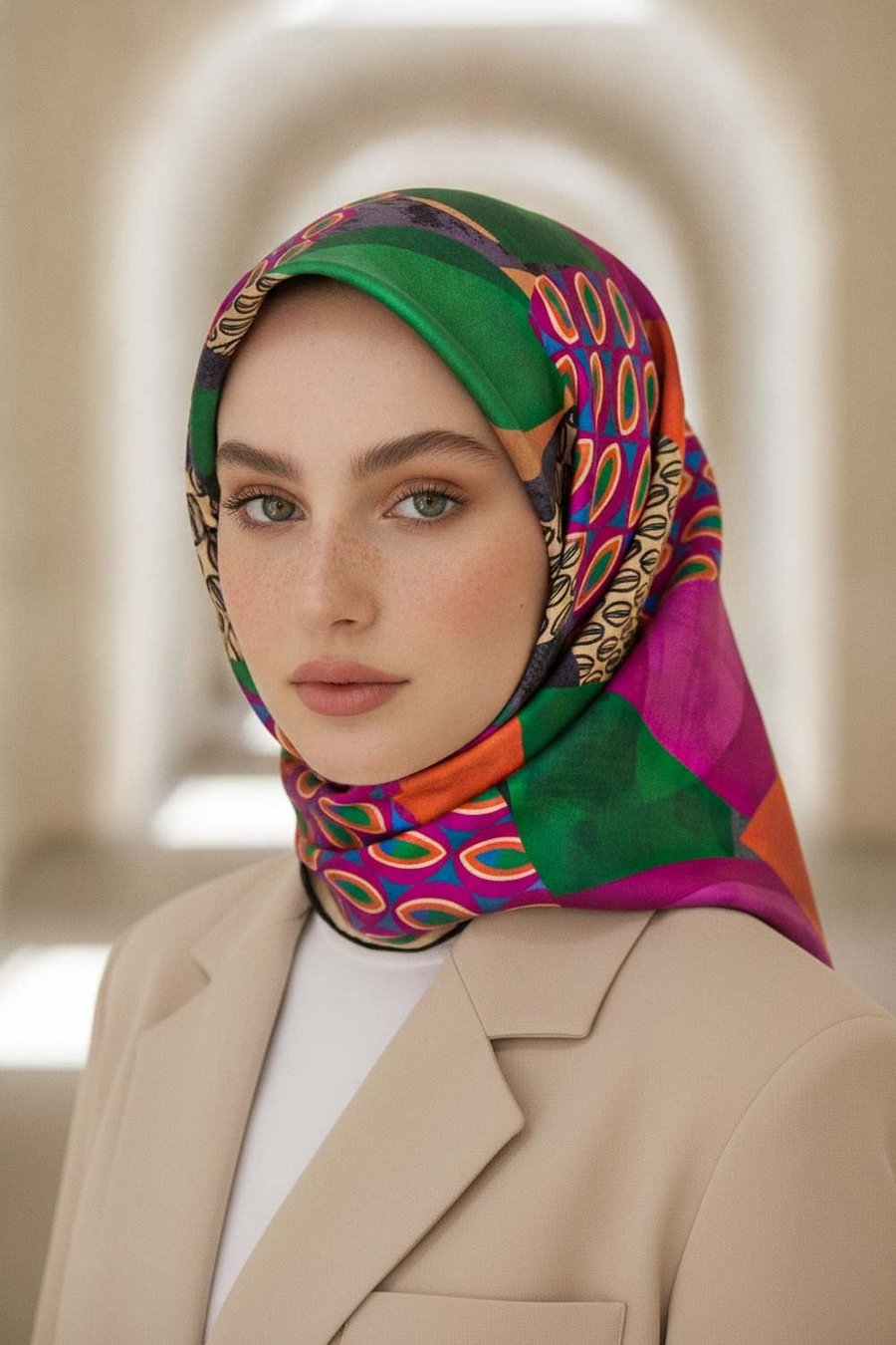 %100 Twill İpek Geometrik Desenli Fuşya - Zümrüt Yeşili Renkli 90x90 Eşarp Eşarp Kenar Dikiş Şekli El Dikişli