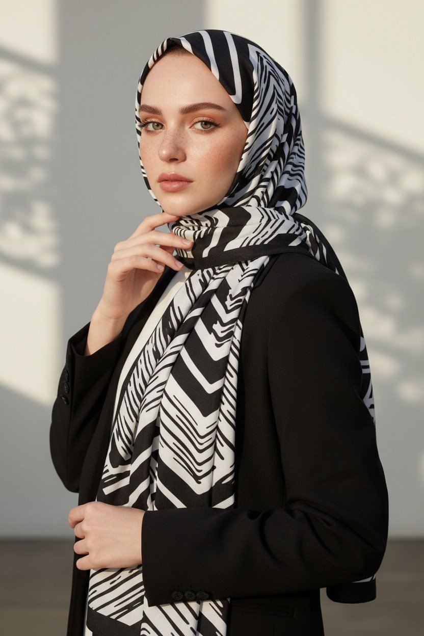 KREP GEOMETRİK DESENLİ SİYAH - BEYAZ RENKLİ 75X195 KIRIŞMAZ ŞAL