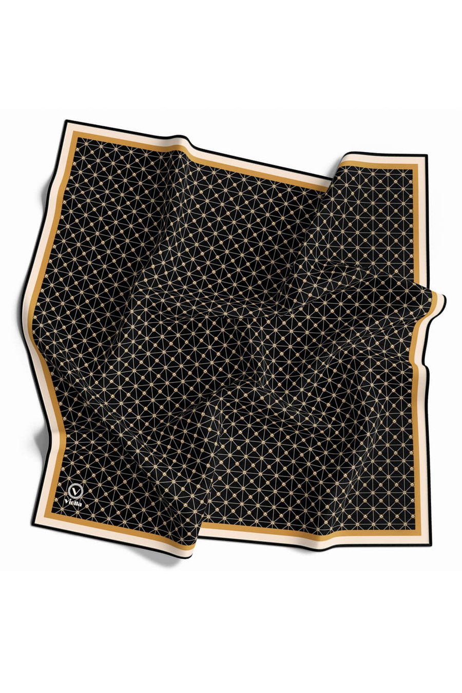 Twill Monogram Desenli Siyah - Gold Renkli 90x90 Eşarp (İpek İçermez) Kenar Dikiş Şekli El Dikişli