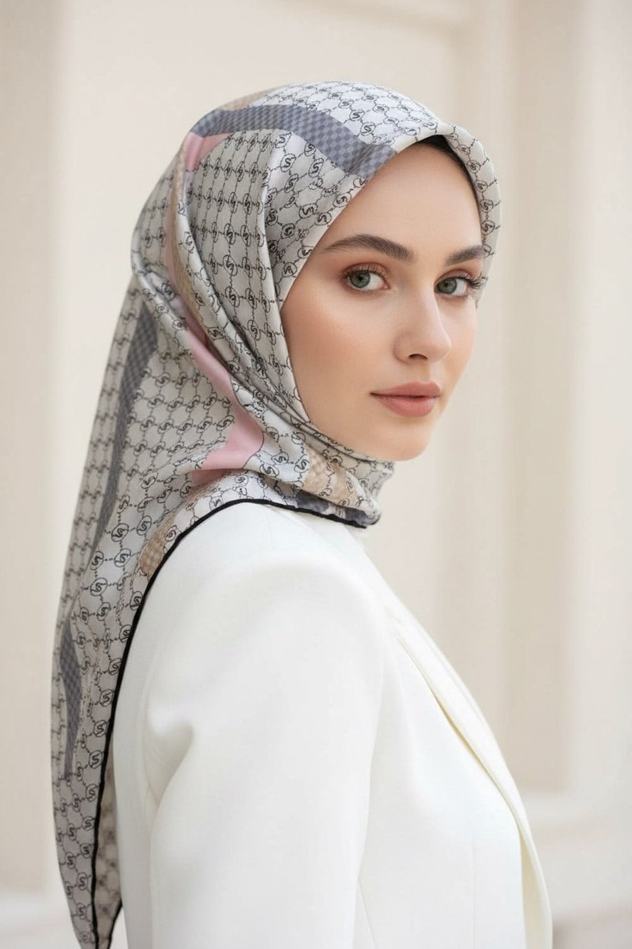 %100 Twill İpek Monogram Ve Şerit Desenli Pembe - Gri Renkli 90x90 Eşarp Dikim Şekli : El Dikişi