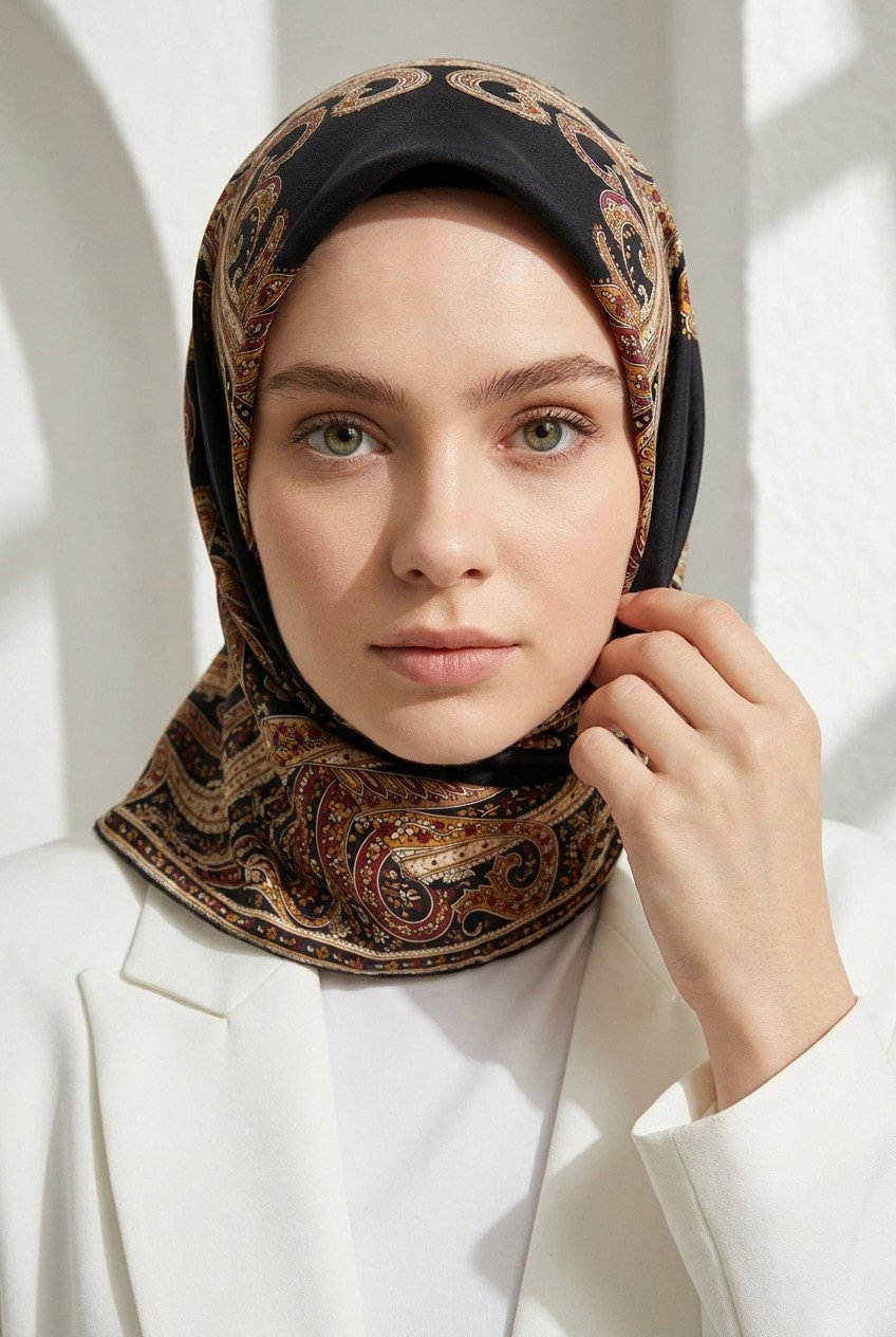 %100 Twill İpek Şal Desenli Siyah - Bordo Renkli 90x90 Eşarp Dikim Şekli : El Dikişi