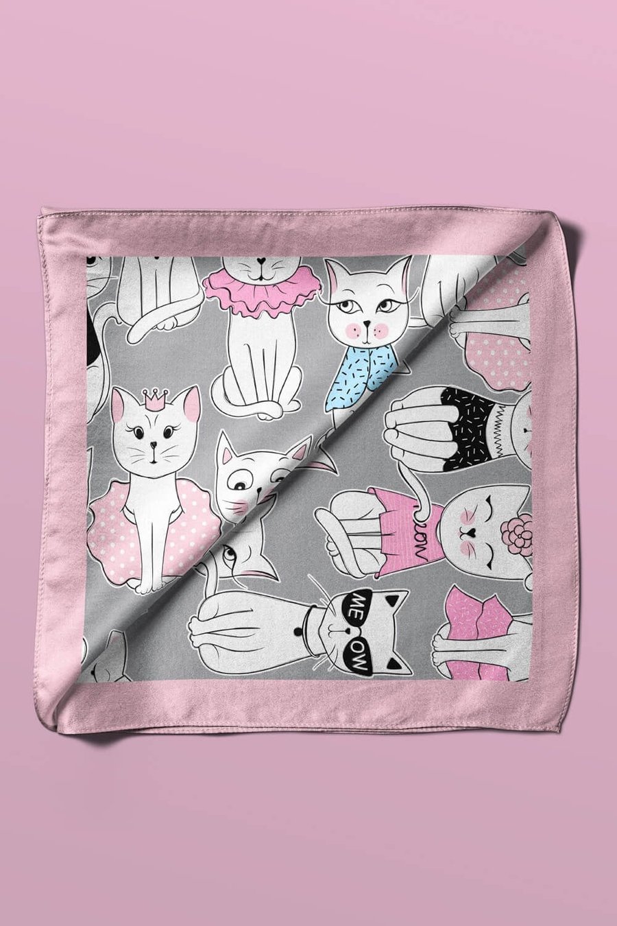 Violla B85 Kadın Kedi Desenli Bandana 50x50 Siyah Beyaz Pembe DG0411-22 Snz