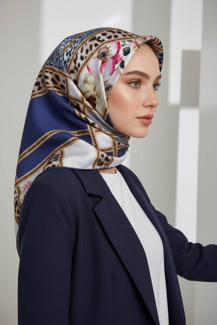 Twill Leopar ve Çiçek Desenli Lacivert - Krem Renkli 90x90 Eşarp (İpek İçermez) Dikim Şekli : El Dikişi