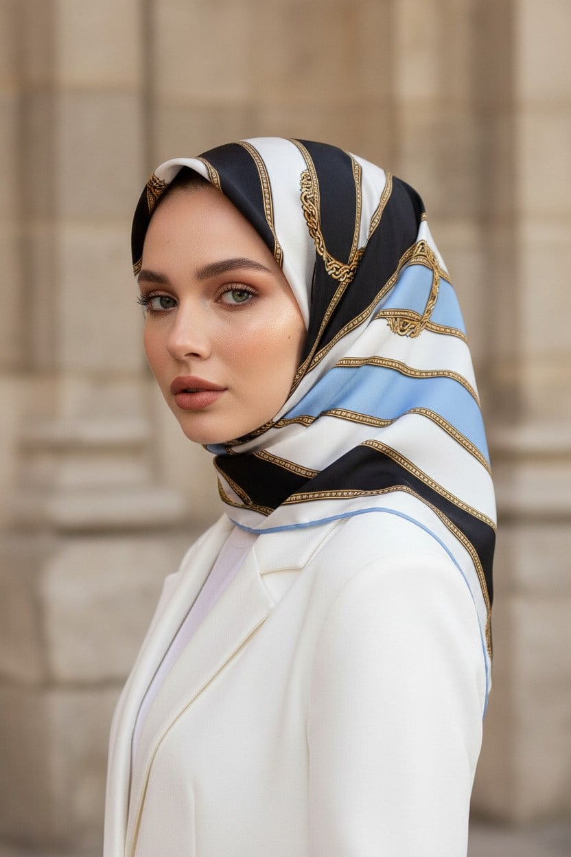 %100 Twill İpek Kemer Desenli Siyah - Bebe Mavisi Renkli 90x90 Eşarp Dikim Şekli : El Dikişi