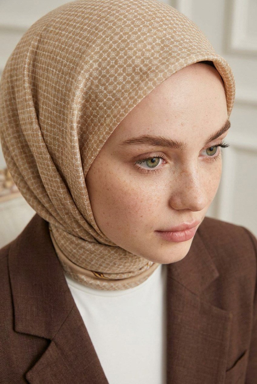 %100 Twill İpek Minik Motif Desenli Bej - Krem Renkli 90x90 Eşarp Dikim Şekli : El Dikişi