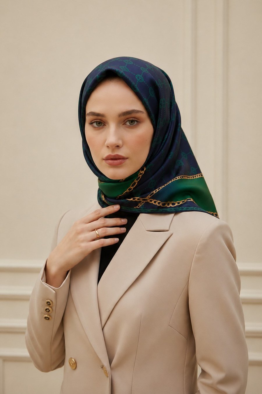 % 57 İPEK % 43 VİSKON Twill İpek Zincirli Ve Monogram Desenli Lacivert - Zümrüt Yeşili Renkli 90x90 Eşarp Dikim Şekli : El Dikişi