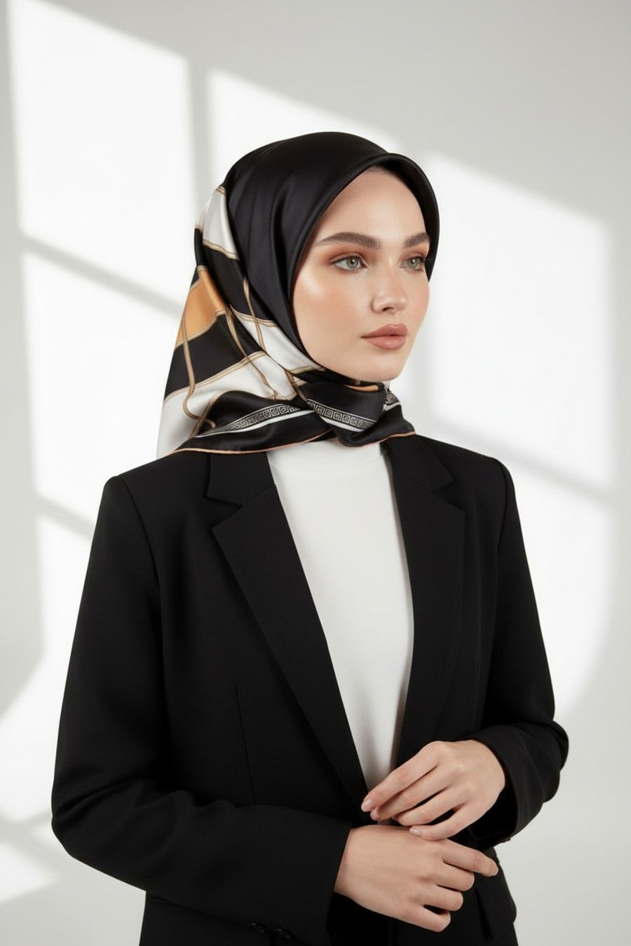 Twill Gold Detaylı Kareli Desenli Sarı Renkli 90x90 Eşarp (İpek İçermez) Kenar Dikiş Şekli El Dikişli