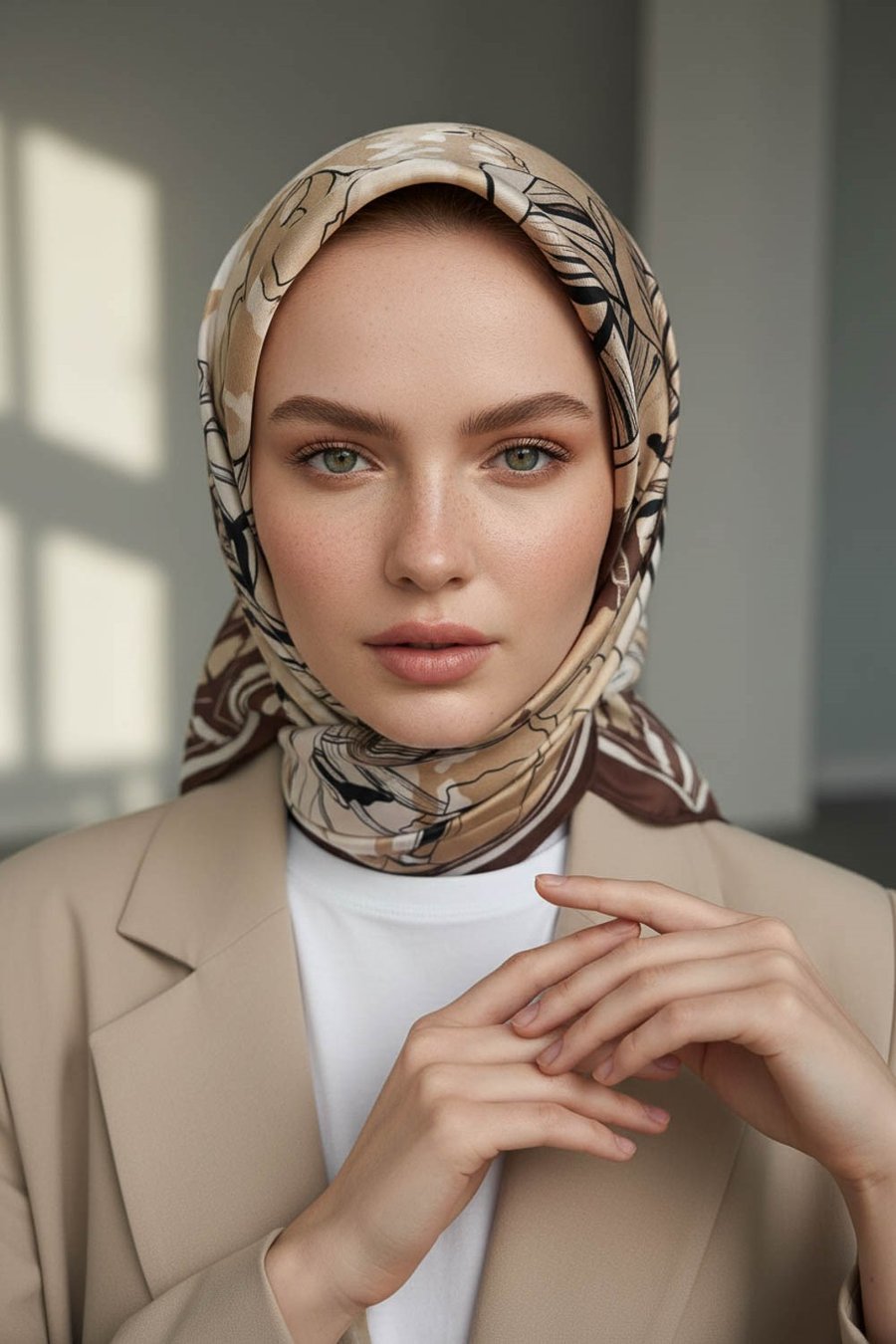 %100 Twill İpek Yaprak Desenli Kahverengi - Bej Renkli 90x90 Eşarp Dikim Şekli : El Dikişi