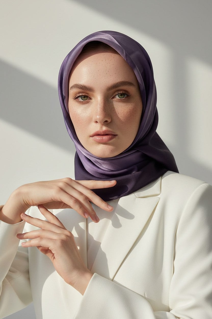 %100 Twill İpek Gül Desenli Lila Renkli 90x90 Eşarp Dikim Şekli : El Dikişi