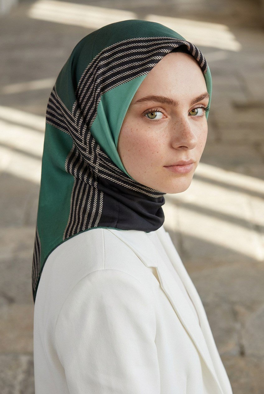 %100 Twill İpek Geometrik Desenli Petrol Yeşili Renkli 90x90 Eşarp Dikim Şekli : El Dikişi