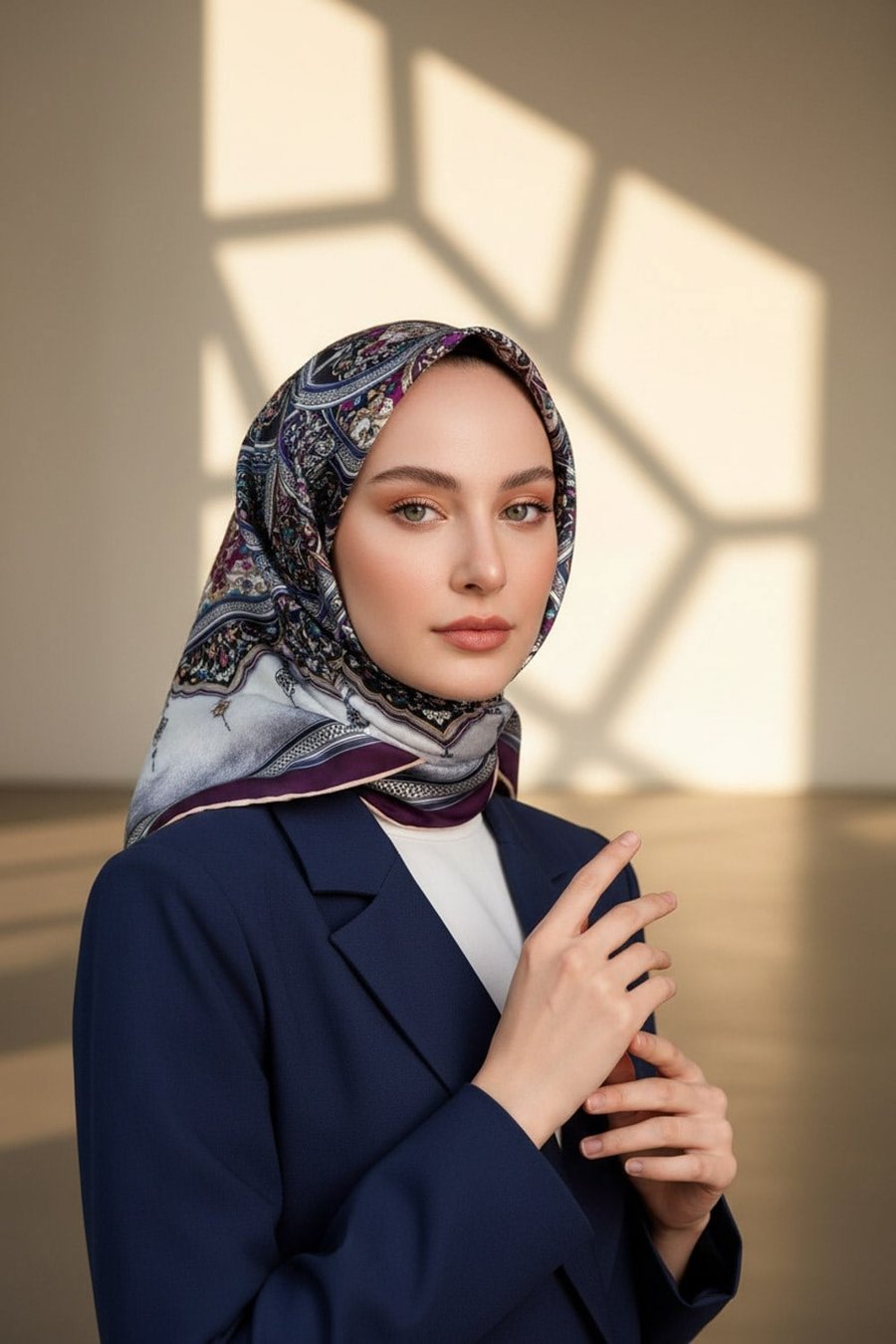 %100 Twill İpek Şal Desenli Mürdüm - Lacivert Renkli 90x90 Eşarp Dikim Şekli : El Dikişi