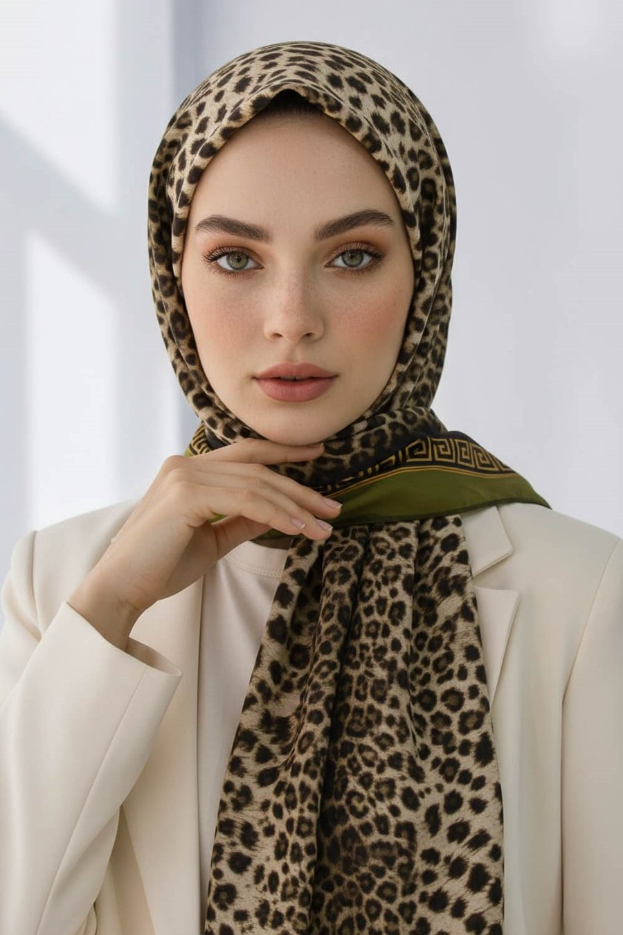 KREP BAROK BARDÜRLÜ LEOPAR DESENLİ BEJ - HAKİ RENKLİ 75X195 KIRIŞMAZ ŞAL