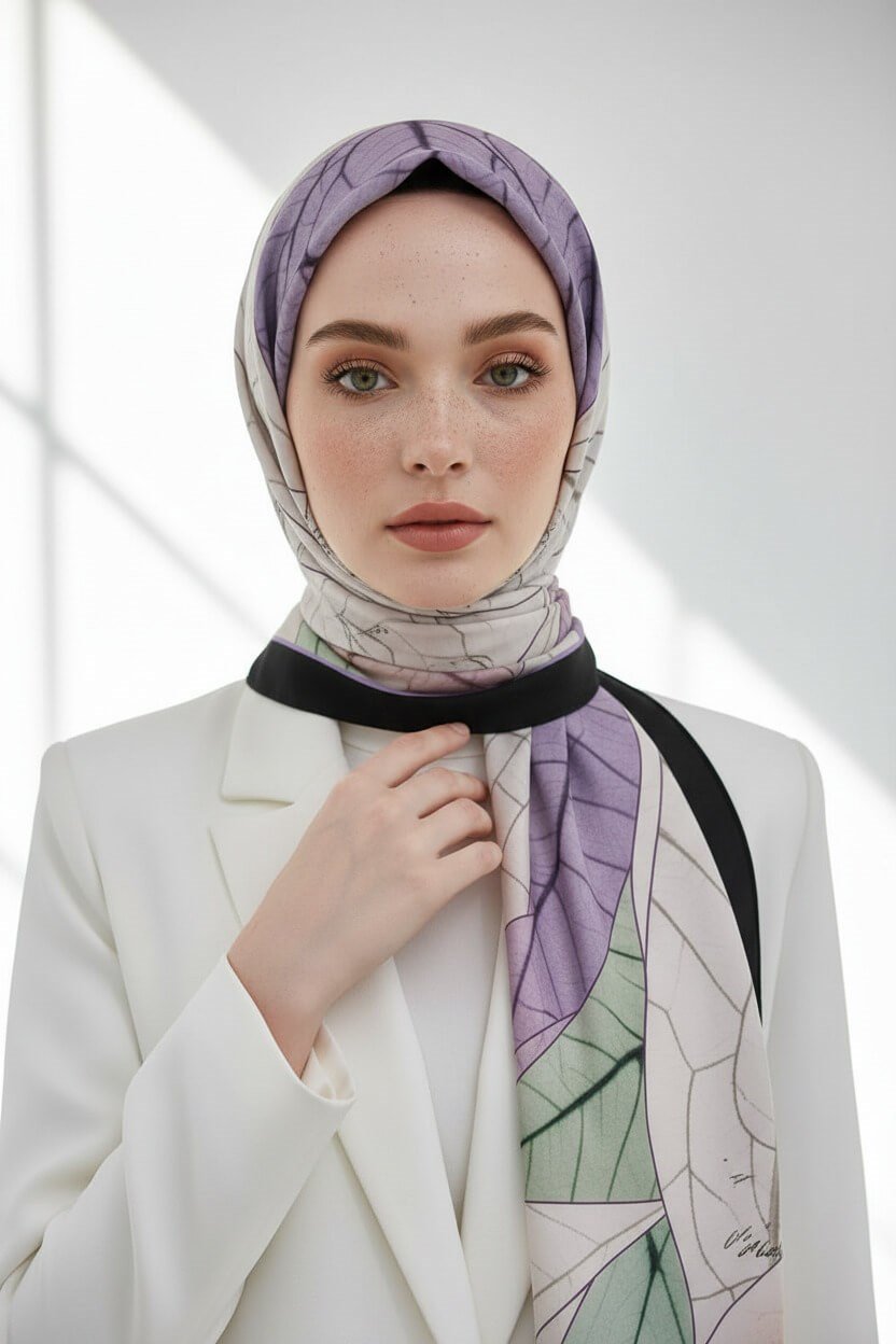 KREP YAPRAK DESENLİ LİLA RENKLİ 75X195 KIRIŞMAZ ŞAL