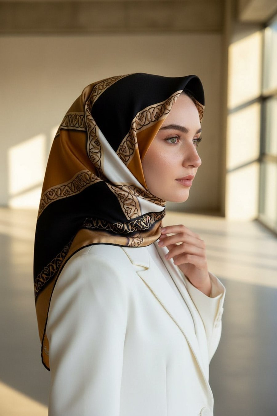 %100 Twill İpek Geometrik Desenli Gold - Siyah Renkli 90x90 Eşarp Dikim Şekli : El Dikişi