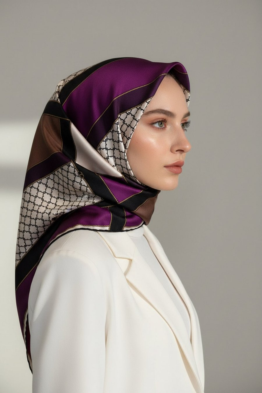 %100 Twill İpek Geometrik Desenli Mürdüm - Siyah Renkli 90x90 Eşarp Dikim Şekli : El Dikişi