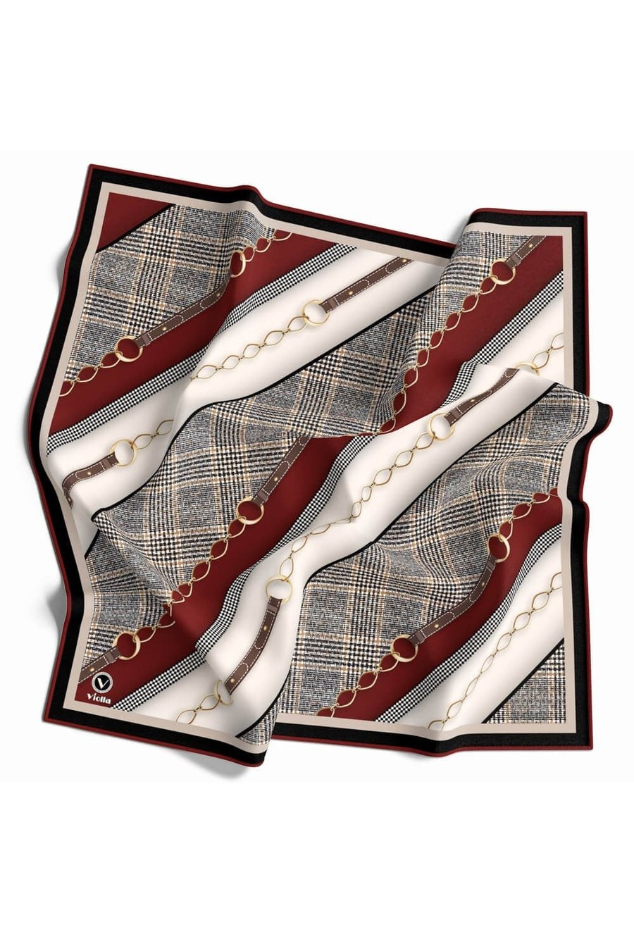 Twill Kemer Desenli Bordo Renkli 90x90 Eşarp (İpek İçermez) Kenar Dikiş Şekli El Dikişli