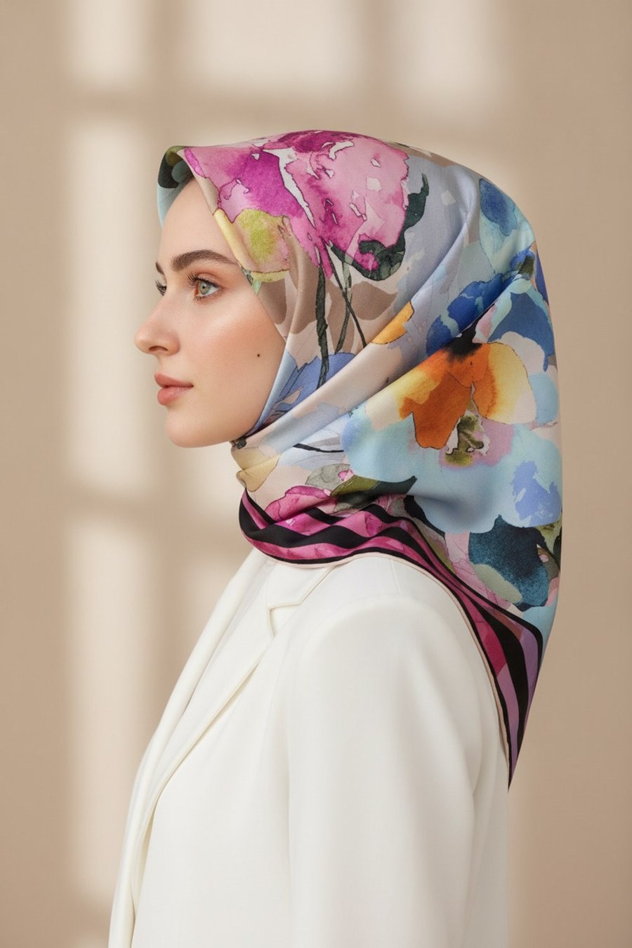 % 57 İPEK % 43 VİSKON Twill İpek Sulu Boyalı Çiçek Desenli Pembe - Bebe Mavisi Renkli 90x90 Eşarp Dikim Şekli : El Dikişi