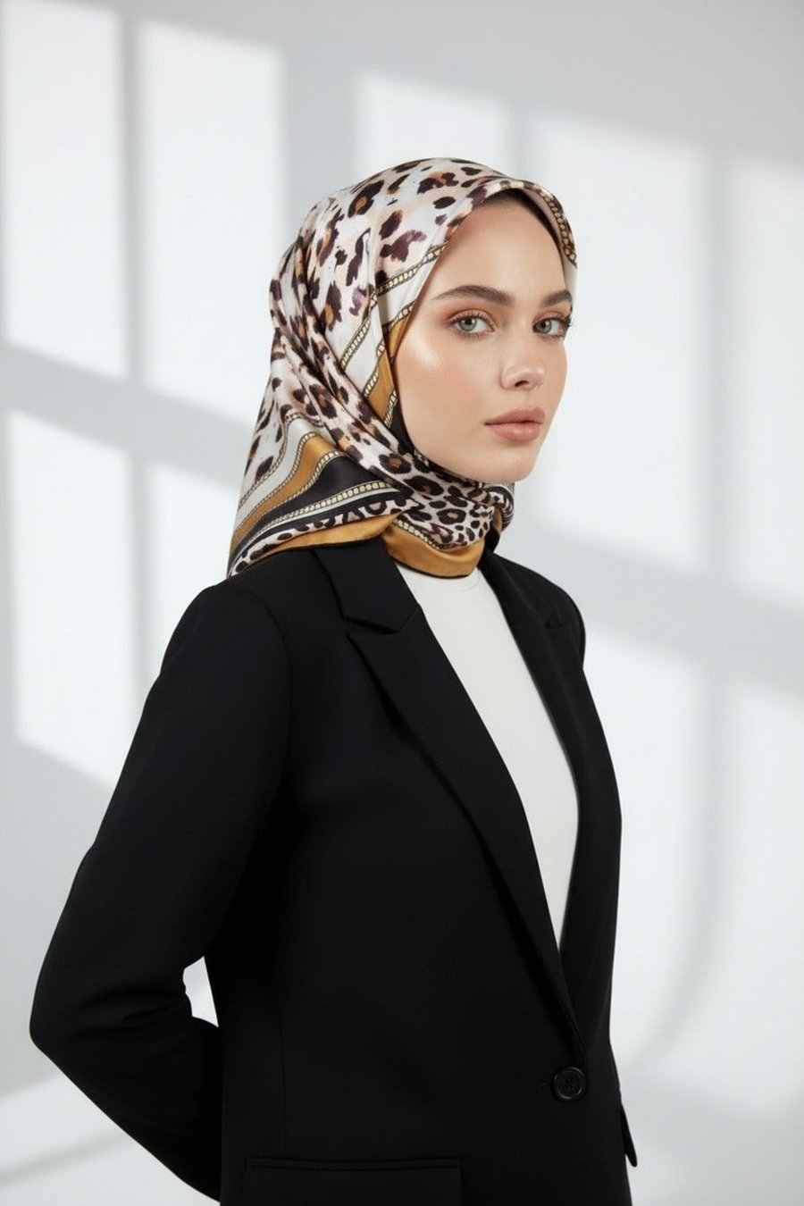 Twill Kemerli ve Leopar Desenli Hardal Renkli 90x90 Eşarp (İpek İçermez) Dikim Şekli : El Dikişi